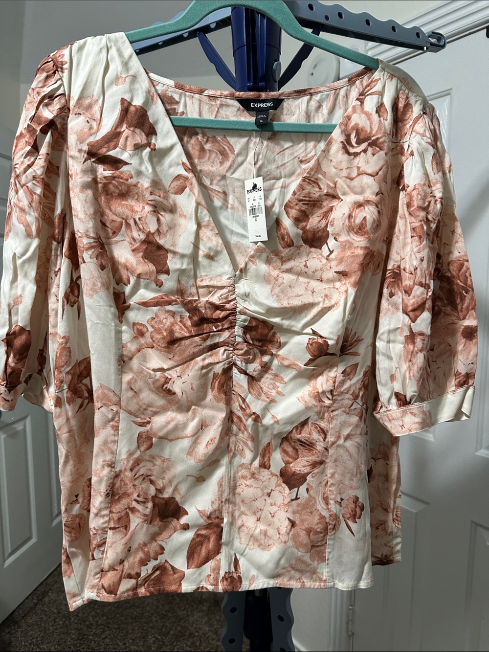 Express Cream Blouse with Rust Floral Print and Ruched Front
